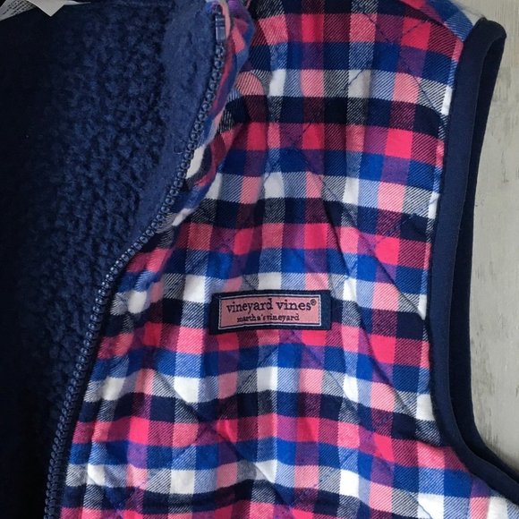 Vineyard Vines Reversible Sherpa Plaid Vest Blue - Picture 9 of 14